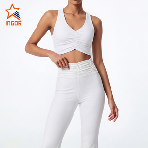 Conjunto <span class=keywords><strong>de</strong></span> Yoga para Mujer con Logotipo Personalizado, Top Deportivo con Escote Fruncido y Leggings <span class=keywords><strong>de</strong></span> Cintura Alta con Corte Acampanado, Conjunto Deportivo <span class=keywords><strong>de</strong></span> 2 Piezas Suave como la Mantequilla para Gimnasio - Product Image 1
