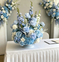 Membuat Bola Bunga Sutra Putih Biru Mawar Hydrangea untuk Dekorasi Meja Pernikahan, Bola Busa Buatan untuk Rangkaian Bunga