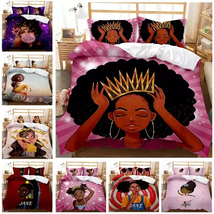 Conjunto de colcha 100% poliéster moderno 3 peças de algodão estampado para meninas afro-americanas conjuntos de cama