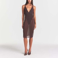 Robe Cache-cœur Transparente en Maille Respirante pour Femme, Col en V Profond, Ourlet Fendu, Bretelles Ajustables, Idéale pour le Yoga, la Gym, l'Entraînement ou la Plage, Longueur Midi