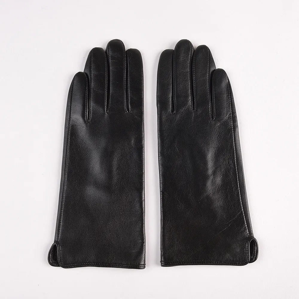 Sarung tangan kulit kambing hitam dasar polos, sarung tangan luar ruangan layar sentuh musim dingin untuk wanita
