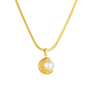 Elegant Moon Pearl Pendant Gold Plated Blade Chain Necklace For Women Everyday Wear - Product Image 5