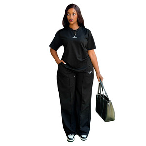 Ensemble deux pièces pour femmes de haute qualité avec logo personnalisé, printemps-été, décontracté, élégant, haut ample, <span class=keywords><strong>pantalon</strong></span> <span class=keywords><strong>large</strong></span>, vêtements pour femmes - Product Image 4
