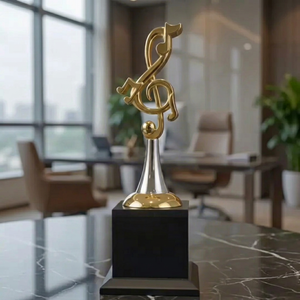 Trofeo musical chapado en oro con diseño de clave de sol sobre base de madera negra para premios de eventos - Product Image 1