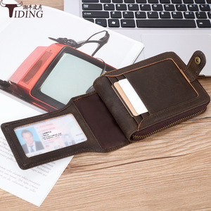Portefeuille en cuir véritable Tiding, marron foncé, plusieurs emplacements pour cartes, protection RFID, fermeture éclair courte, unisexe, usage quotidien - Product Image 1