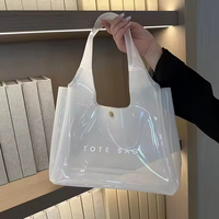 Sac fourre-tout en PVC transparent blanc et violet avec bouton, personnalisé avec logo, idéal pour la plage, les cadeaux ou le shopping, vente en gros