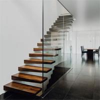 Escalier flottant au design moderne de luxe, avec éclairage LED à détecteur de mouvement, marches en verre sans cadre, marches en bois massif, matériaux en métal, Canada/USA
