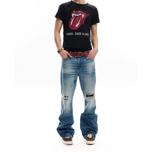 <strong>Men</strong> Washed Blue Slight Bootcut <strong>Jeans</strong> Plaid Patch Rivet Ripped Destroyed <strong>Red</strong> Stitch Streetwear Denim Trousers - Product Image 4