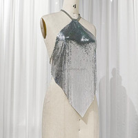 Mode argent brillant dos nu gilet voir à travers les femmes Clubbing haut court Sexy métal maille cotte de mailles haut pour les femmes