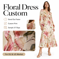 Fabricant de robes florales personnalisées, vêtements pour femmes, vêtements pour dames, col en V, imprimé, manches longues, été, décontracté, bohème, vintage, élégant, printemps