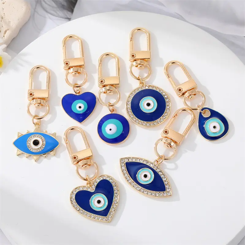 New Design Gold Plated Heart Shaped Pendant Metal Key Chains Ethnic Turkish Blue Evil Eyes Rhinestone Keychain Bags Accessories