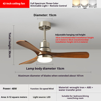 Ventilateurs de plafond intelligents LED en noyer de 42/52 pouces avec lampes ABS, télécommande 6 vitesses, haut-parleur en bois, 3 pales, design européen, intensité variable