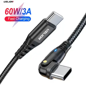 Uslion 3A PD 60W หมุนได้180ยาว1เมตร, สาย USB Type C ศอกนำข้อมูล USB Type C ชาร์จเร็วแล็ปท็อปแท็บเล็ตโทรศัพท์