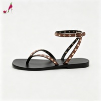 Sandales plates à clous pour femmes, tendance, pour sorties, soirées romantiques, à bout ouvert, en similicuir souple, dessus en PU, style rétro, chaussures d'été, OEM