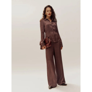 Camicetta autunnale aderente in stile acetico da donna con bottone a scollo a V lungo stampato Casual stile ufficio a righe - Product Image 6