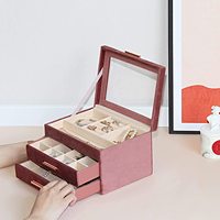 Organisateur de bijoux à 2 tiroirs pour femmes, couvercle en verre acrylique 3 couches Saffron rose velours bijoux vitrine cadeaux Vintage pour fille
