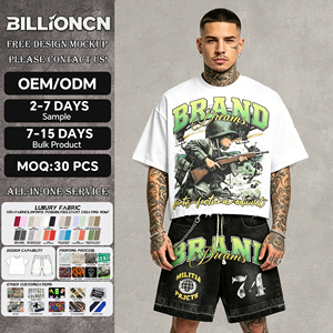 Custom Digital Printing Logo Summer Tracksuit Streetwear Acid Wash Vintage Graphics Rhinestone Men T-shirt <b>Sets</b> - Product Image 1