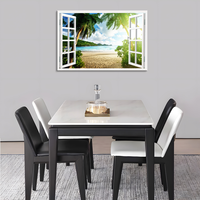 Tableau mural 3D abstrait effet fenêtre, Paysage marin avec palmiers, Décoration murale intérieure sur toile