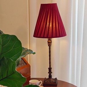 Vintage Style <b>Red</b> Pleated Fabric Table Lamp E26 Base 220V Incandescent <b>Bulb</b> European Carved Base Bedroom Study Ambient Lighting - Product Image 1