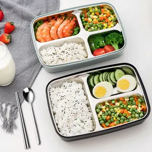 304 Stainless Steel Plastic 3/4/5 Compartment Bento Lunch box Custom Logo printed with cutlery