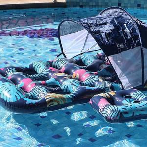 Cama flotante inflable para piscina, balsa flotante con sombrilla, tumbona, bote para adultos con reposacabezas y portavasos. - Product Image 4