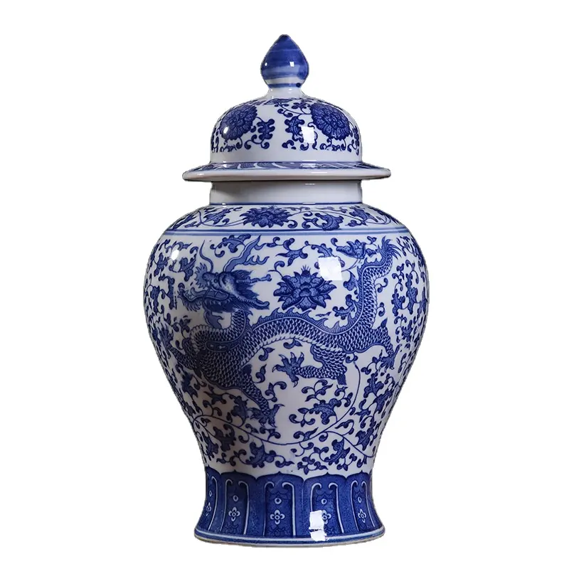 Jingdezhen clásico azul y blanco porcelana dragón templo cerámica jengibre tarro jarrón estilo Ming jarrón de cerámica