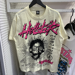 T-shirt décontracté vintage à manches courtes et col ample, imprimé étoile futuriste rétro américaine, en coton/fibre de bambou, anti-plis, 300 grammes - Product Image 2