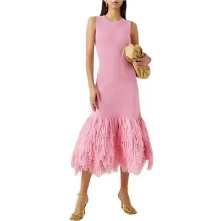 Fashionable Hot Sell Fringe Dress Women Appeal Crew Neck Tassel Hem Female Midi Pink Sleeveless Fringed Dresses