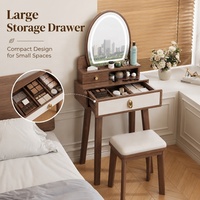 Coiffeuse moderne en bois massif avec miroir LED 3 couleurs, petite table de maquillage de 60 cm pour chambre à coucher, bureau de maquillage avec rangement et tabouret inclus