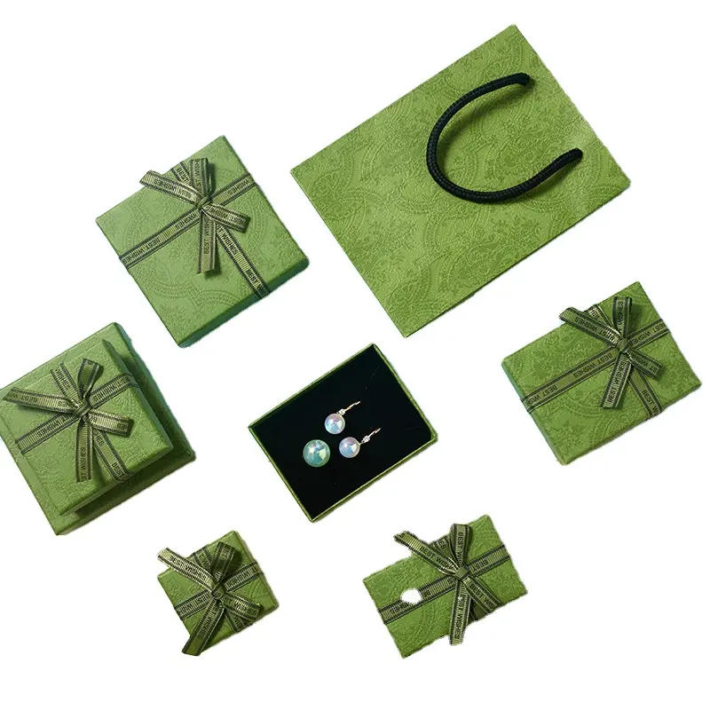 Wholesale Vintage Bow-Shaped Jewelry Box Rigid Avocado Green Printed Paper Material Foil Foam Handling for Nail Ring Necklace