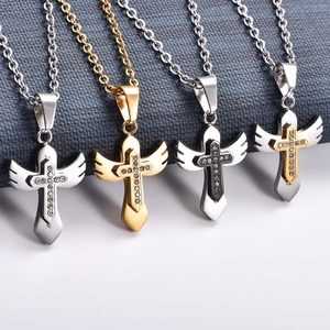 Collar con Colgante de Cruz en Forma de Ala de Circonia y Acero Inoxidable para Mujeres y Hombres, Amuleto de Cristo, Cadena de Oración, Accesorios de Joyería Metálica - Product Image 1