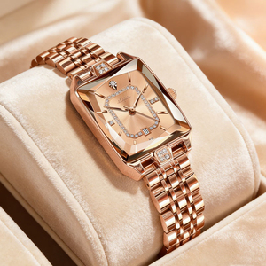 2025 New Square Women's Quartz <b>Watch</b> Lightweight Water Resistant Stylish Rose Gold Strap with Diamond Setting - Product Image 1