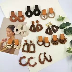 Wholesale Fashion Wood Vintage Splicing Blank Drop Earrings Boho Geometric Chunky Wooden Hoop Earrings For Women Jewelry