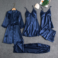 Conjunto de 5 Piezas de Ropa de Dormir de Seda de Hielo para Mujer, Lencería Sexy, Bata Delgada de Manga Larga, Tallas Grandes, Ropa para el Hogar