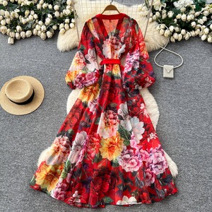 Nouvelle robe longue à manches longues, col en V, imprimé floral, ceinturée, style luxe printemps pour femmes - Product Image 4