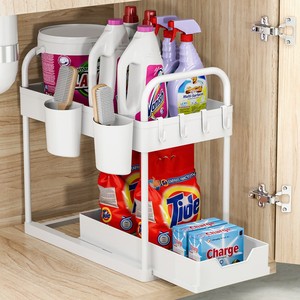 Organizzatore Sottolavello a 2 Livelli Nero Scorrevole per Bagno con Ganci e Contenitori - Product Image 6