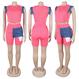 Conjunto de 2 Piezas de Top de Manga Corta y Pantalones Cortos con Diseño de Empalme de Mezclilla para Mujer, a la Moda - Product Image 6