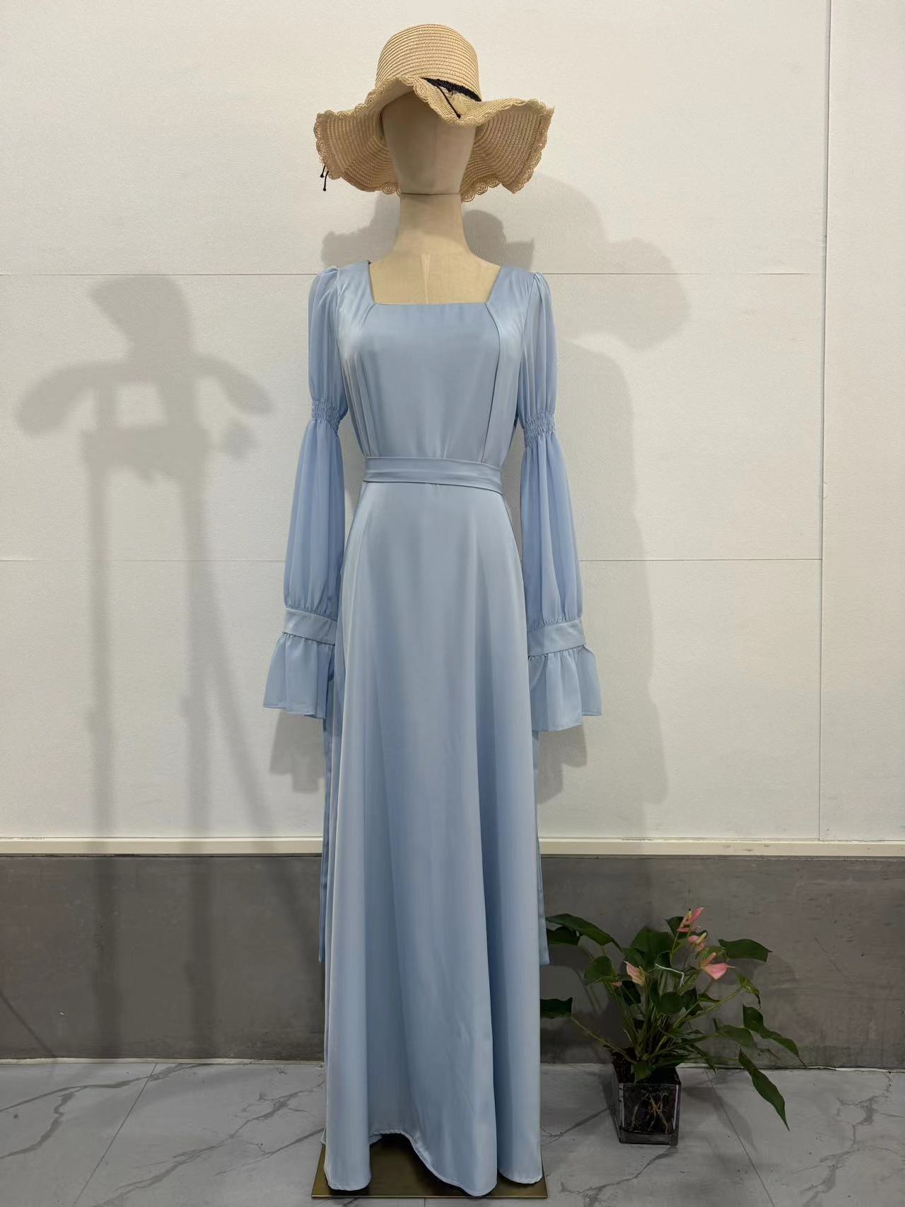 Elegant Satin Pleated Dress for Women - Square Collar Mesh Puff Sleeve Robe  for Spring & Autumn 2024