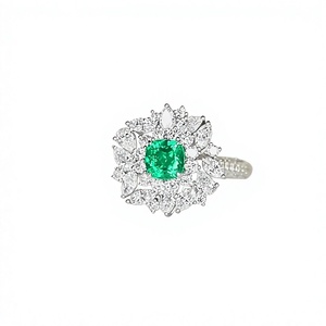 Luxury Women's 925 <b>silver</b> Cocktail <b>Ring</b> With <b>Emerald</b> Cut Center And Marquise Diamond Flower Pave Setting - Product Image 1