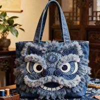 Nouvelle Tendance Sac à Dos Denim Style Chinois Créatif avec Patchwork en Fausse Fourrure Danse du Lion Mode Streetwear Ethnique