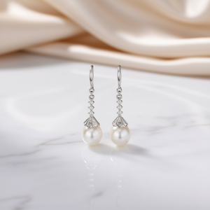 Elegant White Gold <b>Pearl</b> Drop <b>Earrings</b> With Round Brilliant Cut Diamonds For Wedding Women's 925 Silver Classic Style - Product Image 2
