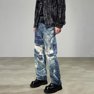 Jean en denim évasé pour homme, style motard, design de niche unique, punk, streetwear, avec patchs et déchirures, effet vieilli - Product Image 5