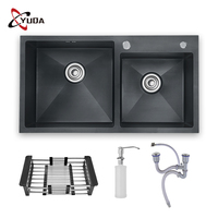 Évier de cuisine grand format en acier inoxydable 304 durable, intelligent, double bac carré, à un trou avec double égouttoir