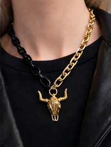 <span class=keywords><strong>Collana</strong></span> <span class=keywords><strong>con</strong></span> Ciondolo Teschio di Toro alla Moda per Uomo e Donna, Catena Nera <span class=keywords><strong>con</strong></span> Perline e Charm Teschio <span class=keywords><strong>con</strong></span> <span class=keywords><strong>Corno</strong></span> Dorato, Gioiello Gotico Occidentale - Product Image 6