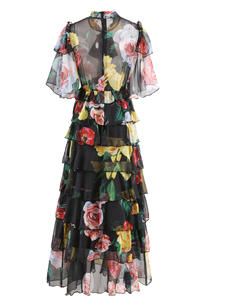 Papillon elegante <span class=keywords><strong>abito</strong></span> lungo 2025 estate da <span class=keywords><strong>donna</strong></span> con stampe floreali colorate manica corta a cascata con volant lungo <span class=keywords><strong>abito</strong></span> nero lungo in seta - Product Image 2
