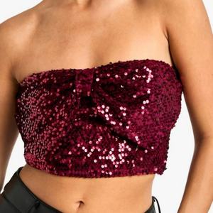 Nouveau design – Crop top bandeau à sequins avec détail nœud – Top bustier sexy bordeaux pour femme - Product Image 4