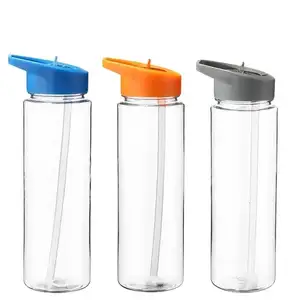 200 Stuks Custom Logo Groothandel 750Ml Lekvrij Bpa Gratis Doorzichtige Ps Plastic Sport Waterfles Met Flip Deksel En Stro