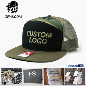 Custom Embroidered Logo 7 Panel <b>Flat</b> Brim Trucker <b>Cap</b> Adjustable Snapback Hat Mesh Back for <b>Men</b> Women - Product Image 1