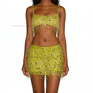 Women's Casual Solid 2-Piece Sequin Fringe Set Spaghetti <b>Strap</b> Crop Top & Above <b>Knee</b> Mini Skirt for Party & Evening Wear - Product Image 3
