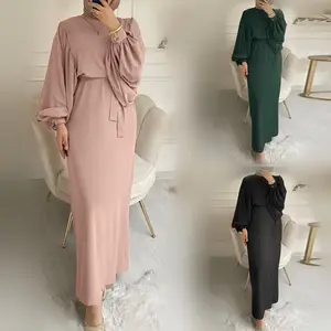 Outono Puff Manga Vestido Muçulmano Mulheres Abaya Kaftans Casual Vestidos De Noite Mulher Dubai Islam Long Robe Roupas Islâmicas